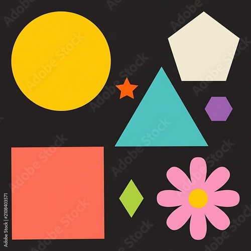 Colorful basic geometric shapes and flower icon set on black background