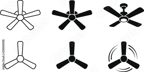 Ceiling fan icon collection, ventilation appliance silhouette vector set, home cooling illustration bundle for interiors