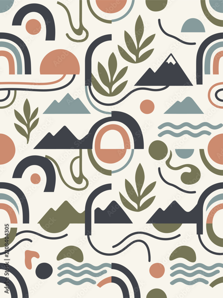 Fototapeta premium Editable Japandi Abstract Seamless Vector Pattern with Mountains, Rainbows and Botanical Elements