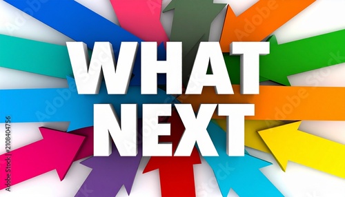 WHAT NEXT Bold Motivational Artwork Colorful Arrows Decision Making Planning Future Direction Strategy Visualization Progress Inspiration
