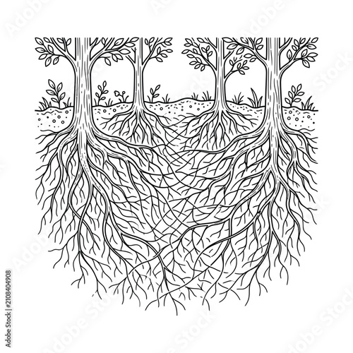 Detailed black and white line art illustration of four interconnected tree root systems beneath the earth surface symbolizing nature and unity