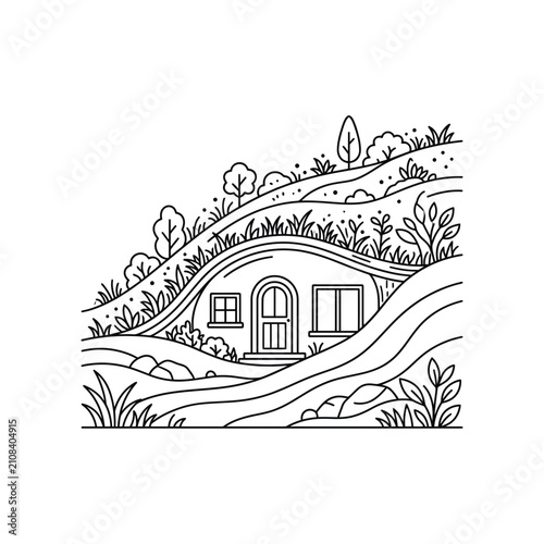 Delicate black line vector illustration of a cozy cottage home built into a lush green grassy hill landscape with surrounding nature and plants