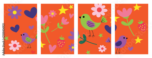 Foto Cute retro seamless pattern set with birds and flowers on red background