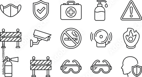Safety and workplace protection line icons set with medical mask shield first aid kit cctv extinguisher goggles