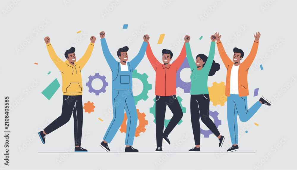 Obraz premium Diverse group of young people cheering and holding hands in a success celebration representing teamwork and joy in a modern flat design.