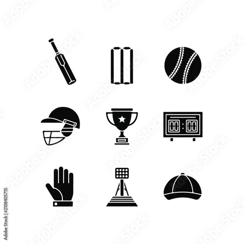 Cricket Sports Equipment Icons Set.