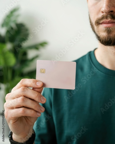 Young man holding a blank grey credit card in his hand for online payment shopping