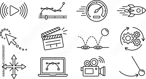 Video editing motion graphics animation and multimedia production line icon set with timeline and rendering symbols