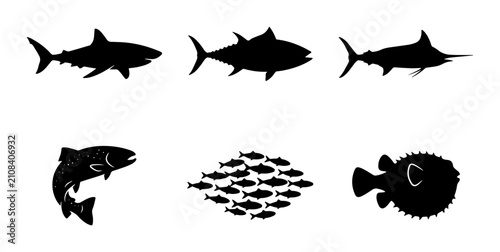 Cuadro en lienzo 70 Silhouette Fish Icons Set: Shark, Tuna, Marlin, Salmon, School, Pufferfish Ve