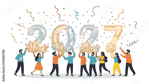 Obraz na plátně New Year's Celebration 2027: People hold up large, crystal-like numbers spelling out 2027, surrounded by confetti and streamers, signifying a festive and prosperous new year