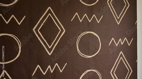 Hand drawn geometric pattern with circles diamonds and zig zag lines on black