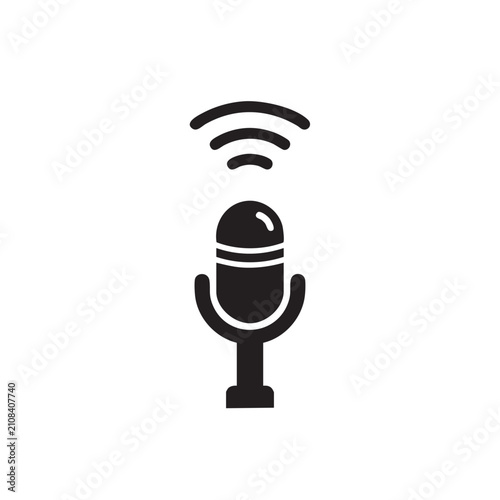 Podcast microphone icon with live broadcasting signal waves.