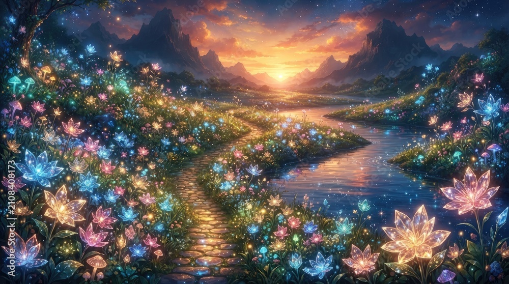Fototapeta premium A breathtaking, magical landscape unfolds before the viewer, showcasing a vibrant river winding through a lush valley filled with glowing flowers and butterflies.