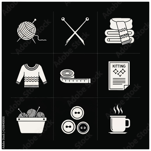 Knitting and crochet icons set white.