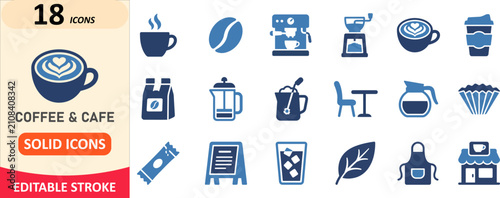 Fotografie Set of 18 coffee and cafe shop solid vector icons with french press ice coffee h