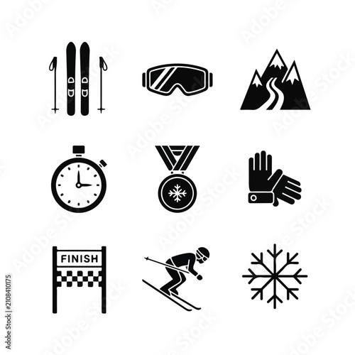Skiing Sports Winter Action Icons Set.