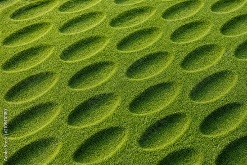 Aerial view of repeating elliptical indentations pattern on lush green grass.