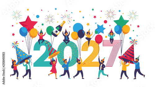 Foto Happy New Year 2027 Celebration: A vibrant illustration depicts a joyful New Year's Eve party with people celebrating, confetti, balloons, and the year 2027 prominently displayed