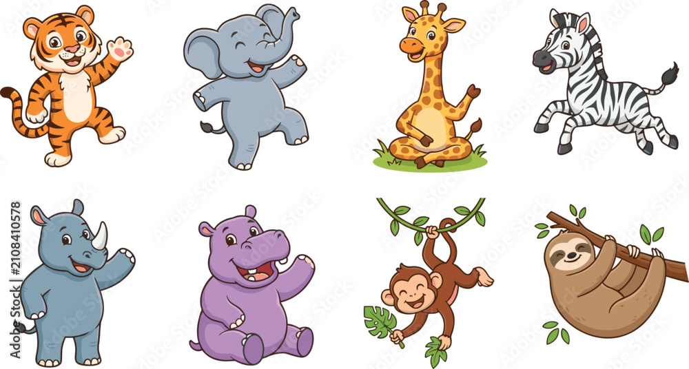 Obraz premium Cute Safari Animals Cartoon Vector Set with Wild Jungle Wildlife Character Collection