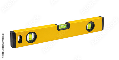 Yellow spirit level tool with clear bubble vials for measuring flatness