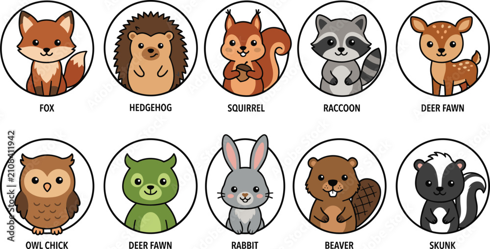 Obraz premium Cute Woodland Animal Avatar Cartoon Vector Icon Set with Forest Wildlife Character Faces