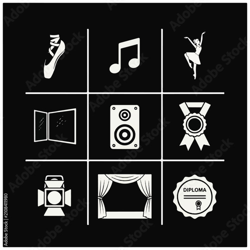 Various icons on black background.