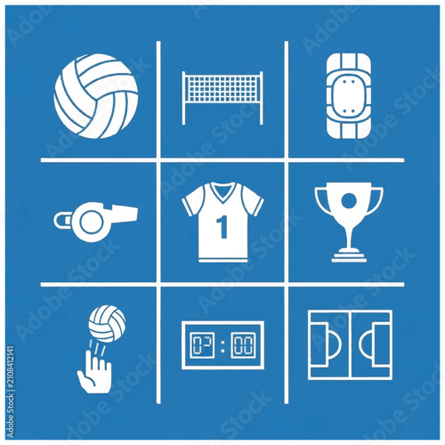 Volleyball Sports Equipment Icons Set.