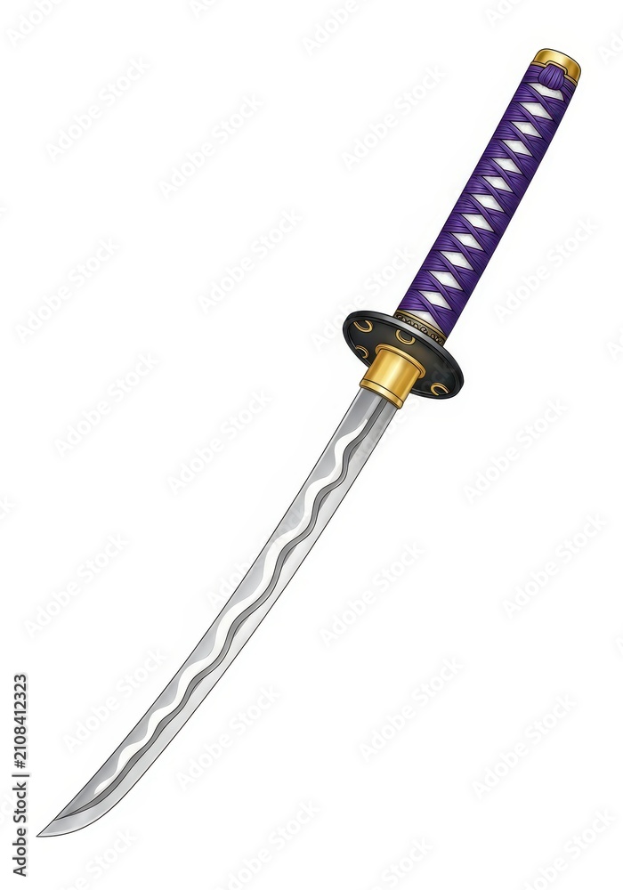 Fototapeta premium Traditional Japanese Samurai Sword Illustration with Purple Hilt and Wavy Blade Pattern Isolated on White Background