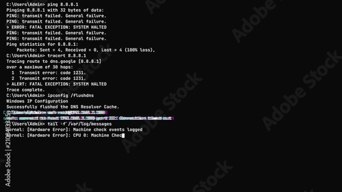 Terminal screen scrolling with system failure fatal exception text and digital glitch data breach visualization for cybersecurity backgrounds.