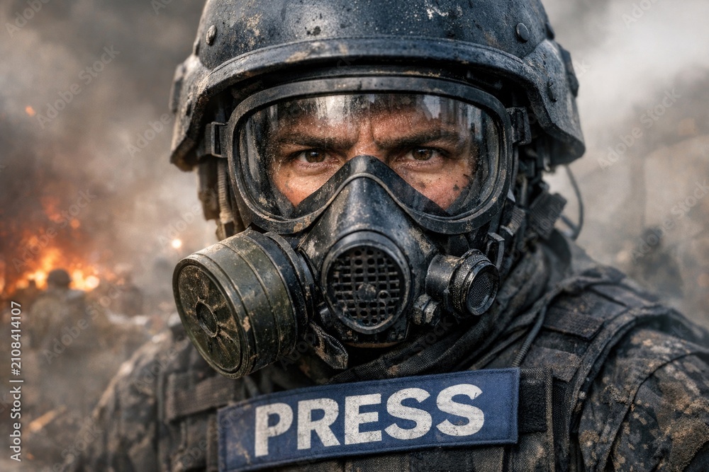 Fototapeta premium A person wears a gas mask and holds a sign that says 'press' in a bold font