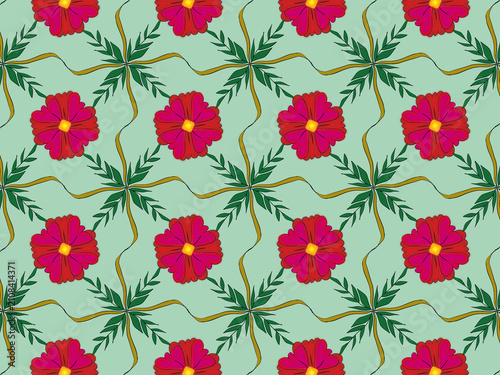 seamless red floral and green leaves pattern.