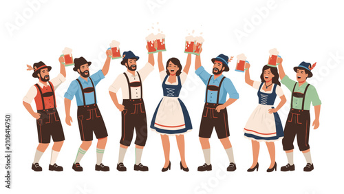 Fotografía Oktoberfest Revelers: A group of cheerful people in traditional Bavarian attire raise their mugs of frothy beer in a lively celebration, embodying the festive spirit of Oktoberfest