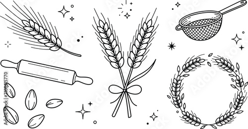 Tableau sur toile Wheat Ear and Baking Tool Line Art Vector Set for Bakery Menu Designs