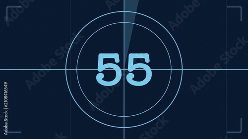 Blue 60 second retro film leader countdown from 60 to 1 with rotating wipe and grain