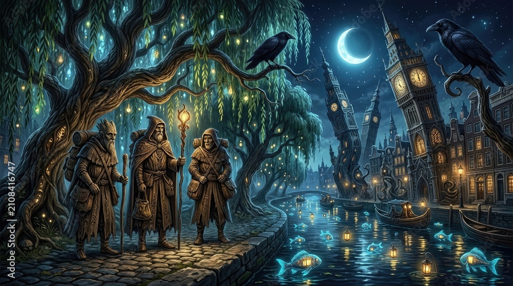 Fototapeta premium Three figures, a wizard, a warrior, and a scholar, stand together in a fantastical cityscape.