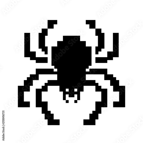 Pixel Art Spider Icon, Retro Game Style, Black Silhouette on White Background