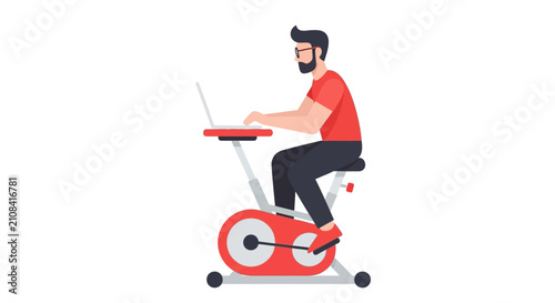 Man Working on Laptop While Cycling on Stationary Bike Vector Illustration - Remote Work and Fitness Concept