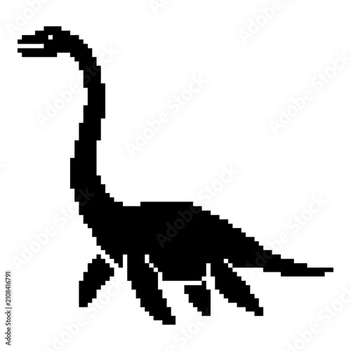 Pixelated Dinosaur Silhouette, Retro Style Plesiosaur Icon on White Background