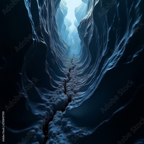 Deep icy canyon winding through a frozen landscape revealing a mysterious path