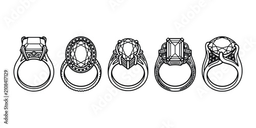 Принти на полотні Collection of five distinct diamond ring designs rendered in clean black and white line art style for jewelry