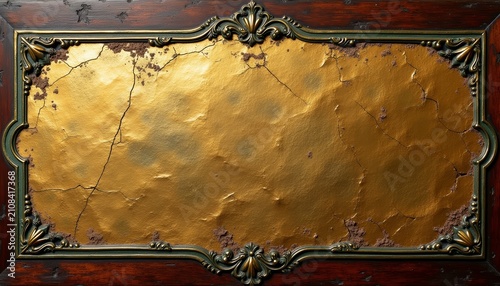 Distressed Ornate Golden Frame Background with Cracked Texture and Copy Space