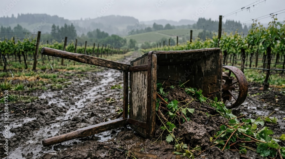 Obraz premium In a vineyard during a rainy day, an overturned wheelbarrow lies in the muddy ground, surrounded by vibrant green vines.