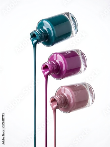 Three bottles of nail polish pouring liquid colors isolated on white background