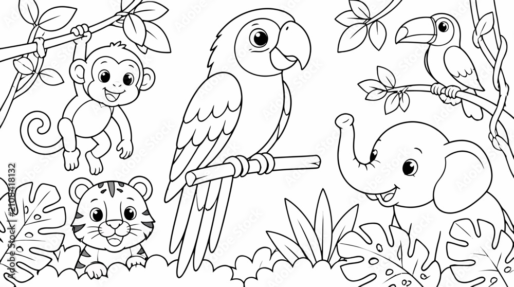 Fototapeta premium Wildlife Jungle Scene with Parrot, Elephant, Monkey, tiger cub and toucan