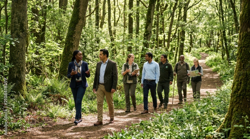 Fototapeta premium A diverse professional team walking together through a lush green forest trail during a productive outdoor business meeting session