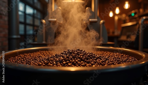 Freshly Roasted Coffee Beans Steaming in Commercial Roastery Tray - Rich Aroma Production