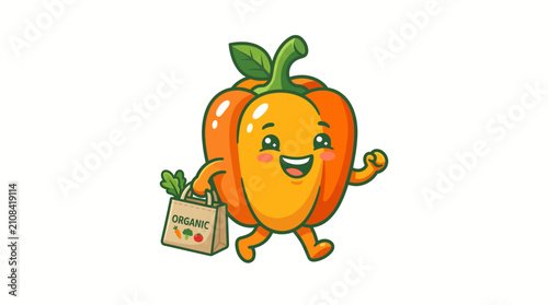Cute Smiling Orange Character Holding Shopping Bag.