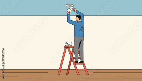 Professional technician standing on a red stepladder to replace or install light bulbs in a ceiling fixture.