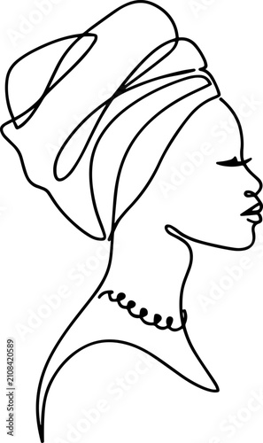 Single Line Drawing of Elegant African Woman with Traditional Turban and Necklace