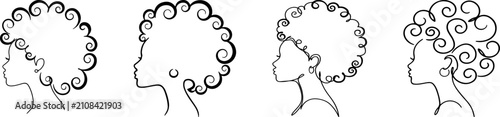 Set of Continuous Line Art Drawings of Black Women Profiles with Curly Afro Hair